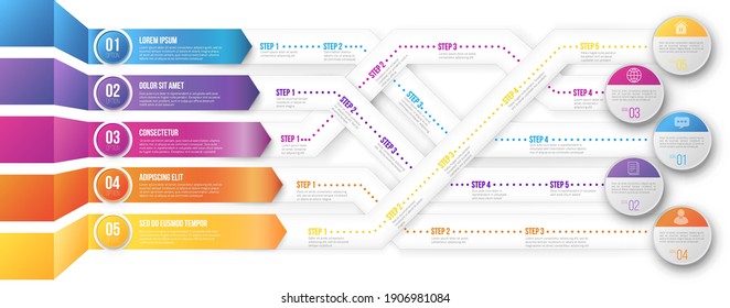 3D infographics style arrows, plexiform roadmap paths with steps pointed to different ways and goals. Vector illustration on white background