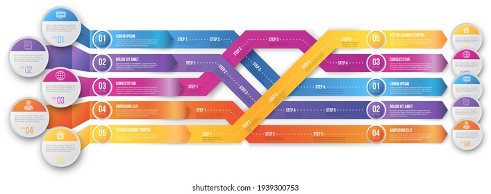 flechas de estilo de infografía 3D, rutas de trazado plexiformes con pasos señalados a diferentes maneras y objetivos. Ilustración del vector