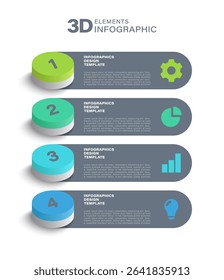 3D Infographics Vertical Template. Four Steps or Processes with Icons and Space for Data