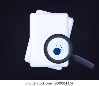 3d Ink Drop On The Page. Damaged Document. Bad White Sheet Of Paper. View Through A Magnifying Glass Of An Ink Drop. Splash Or Spray On An Office Document. Blue Paint. Vector Illustration