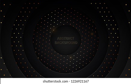 3D innershadow papercut abstract background design, luxiry gold glitter sparkles . Dark blue black texture with shine golden circles layout. Marble style Vector illustration. EPS 10. 