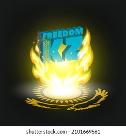 3D inscription freedom KZ in a bright flame on a dark background with elements of the state symbols of Kazakhstan. Stylistic sun and bird in projection
