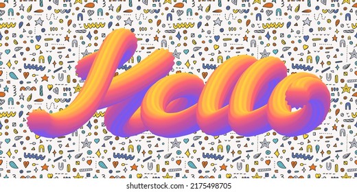 3d inscripción hola en el fondo de un patrón sin fisuras, ilustración vectorial. Pancarta de bienvenida. Afiche de color brillante con texto, mensaje. Grabado volumétrico brillante