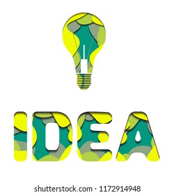 3d inscription  Idea and light bulb  cut from paper. Multi level illustration. Vector element for your creativity
