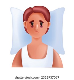 Icono de insomnio 3D, trastorno del sueño de la mujer vectorial, caricatura de la mujer enfermedad mental del personaje, almohada. Niña incansable estresada, cara triste cansada, ansiedad personal sufren dolor de cabeza. concepto de fatiga por insomnio 3D