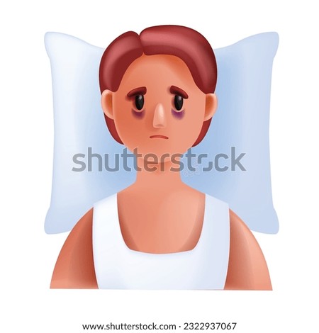 3D insomnia icon, vector woman sleep disorder, cartoon female character mental illness, pillow. Sleepless stressed girl, tired sad face, person anxiety suffer headache. 3D insomnia fatigue concept