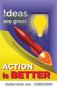 3D Inspiration business cartoon pop art poster with light bulb and rocket icons and motivational quote.