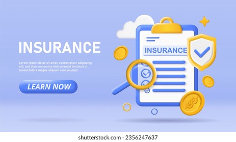 3D Insurance concept. Magnifying glass near document and agreement. Contract for safety and protection. Landing page design. Financial deal and management. Cartoon isometric vector illustration