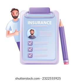 3D insurance icon, man agent medical travel life policy, clipboard check mark hospital document. Personal emergency protection concept, urgent healthcare customer agreement. 3D insurance illustration