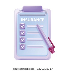 3D insurance icon, medical travel life policy, vector clipboard check mark secure hospital document. Personal emergency protection concept, urgent healthcare agreement. 3D insurance illustration