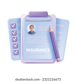 3D insurance icon, travel life medical policy, vector clipboard check mark secure hospital document. Personal emergency protection concept, urgent healthcare agreement. 3D insurance illustration