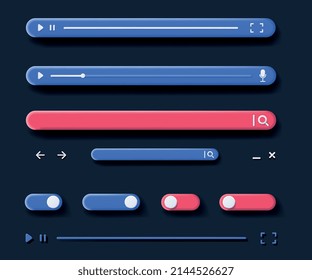 3D interface elements application. Collection of caps for player, watching videos or listening to music. Multimedia and interesting content. Cartoon vector illustrations isolated on black background