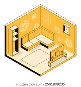 3D Innenarchitektur, Wohnzimmer, Möbeldesign Konzept. Innere Umgebung von Wohnung, Haus, Wohnraum. Appartementvorlage für Immobilien, Hotel, Gebäude. Lineare isometrische Vektorgrafik