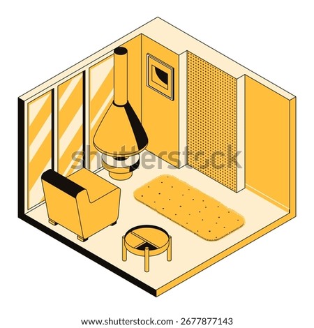 3D interior design of a living room with a fireplace. Cozy room, home, hotel, flat, house, loft. Template for furniture store, design studio, architectural business. Vector isometric illustration