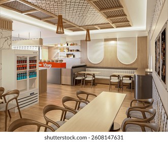 3d interior design of a restaurant or cafe with a modern minimalist concept