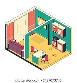 Diseño de interiores 3D de una sala de estudio, sala de estar, área de cocina, zonificación. Ambiente interior de casa, piso, hostales. Plantilla de apartamento para el arreglo de muebles. Ilustración isométrica lineal de vector