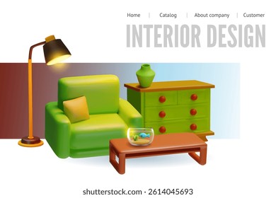 3D interior design. Vector web page banner with armchair, lamp, chest of drawers, table with aquarium. Website web template interface. Cartoon style. Poster with space for text.