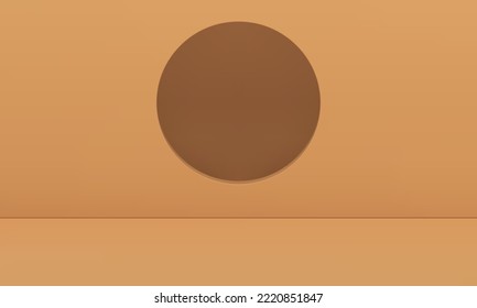 3d interior space design minimalist beige studio background circle hole ornament realistic vector illustration. Empty showroom geometric showcase business advertising three dimensional rendering decor