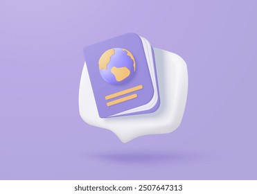 3d international passport cover for travel legal, personal immigration in speech bubble. Identification document tourism icon. 3d citizen identity passport worldwide icon vector render illustration