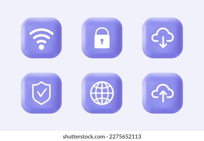 Juego de iconos de seguridad de Internet 3d. Escudo, wifi, bloqueo, descarga, carga de botones violeta realistas. Logo de infografía moderna y colección de pictogramas. Ilustración de dibujos animados.