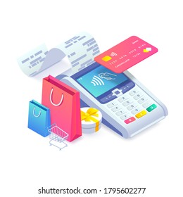 3d internet shopping isometric concept. Black friday sale design with shopping cart, bags, gift, NFC payment terminal and credit card. Online shop vector illustration for web, mobile app, advert.