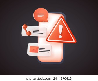 3D Internet Spam, Mobile Fraud Alert, Phone scam, Online Warning. Malware Spreading Virus, mobile fraud alert warning notification. Spam Distribution. 3D Vector isolated illustration background