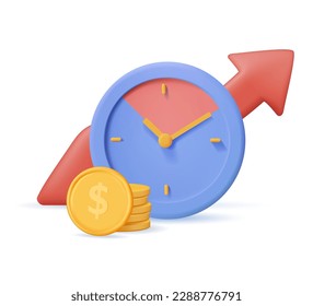 3D investment and income revenue icon. Clock and growth arrow graph Investing money to grow in time concept. Financial profit, Money increasing success 3D render vector