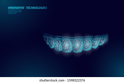 3D invisible orthodontic braces. Wonam smile tooth trainer. Dental theatment heath care medical banner. Low poly design dentist correction fix vector illustration