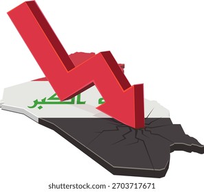 3D Irak Karte (Flaggenfarben) geknackt durch einen großen roten Pfeil abstürzt. Konzept der wirtschaftlichen Rezession oder Krise im Nahen Osten. (ausgeschnitten)