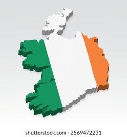 3D  Ireland map with flag. Three dimensional map of Ireland with shadow. Flag Republic of Ireland on white background for your design, app, UI.  Stock vector. EPS10.