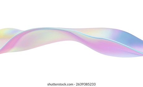 3D Iridescent abstract wave liquid background with glass ribbon fluid shapes. Blue gradient holographic elements create iridescent flow and soft texture. Smooth flowing design on white background