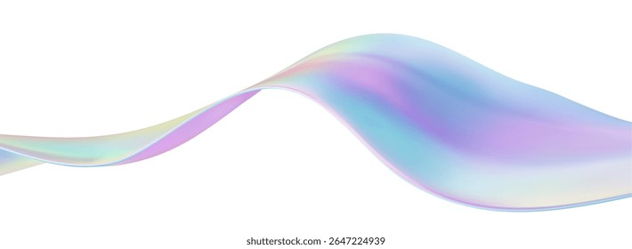 3D Irisierende abstrakte Welle flüssigen Hintergrund mit Glasband Flüssigkeit Formen. Holografische Elemente mit blauem Farbverlauf erzeugen einen irisierenden Fluss und eine weiche Textur. Glatt fließendes Design auf weißem Hintergrund