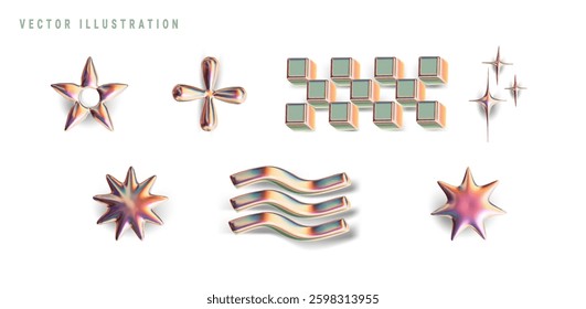 3d iridescent elements in y2k style. Flash of metallic shapes on white background. Vector illustration.
