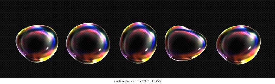 3d iridescent fluid glass spectrum foam vector. Realistic transparent soap bubble with dreamy neon rainbow light texture. Shampoo or powder abstract blow object icon. Clear soapy detergent air sphere