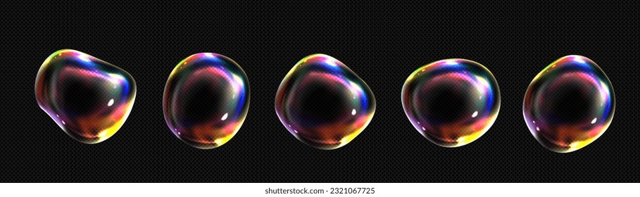 3d iridescent fluid glass spectrum foam vector. Realistic transparent soap bubble with dreamy neon rainbow light texture. Shampoo or powder abstract blow object icon. Clear soapy detergent air sphere