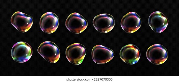 3d iridescent fluid glass spectrum foam vector. Realistic transparent soap bubble with dreamy neon rainbow light texture. Shampoo or powder abstract blow object icon. Clear soapy detergent air sphere