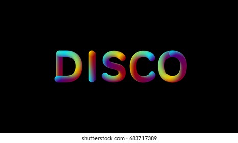 3d iridescent gradient Disco sign. Typographic element. Vibrant gradient shape. Liquid color path. Creativity concept. Visual communication poster design. Vector illustration. Disco club party banner