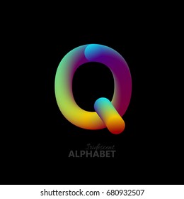 3d iridescent gradient letter Q. Typographic minimalistic element. Vibrant gradient shape. Liquid color path. Creativity concept. Visual communication poster design. Vector illustration. Logo template