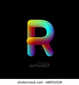 3d iridescent gradient letter R. Typographic minimalistic element. Vibrant gradient shape. Liquid color path. Creativity concept. Visual communication poster design. Vector illustration. Logo template