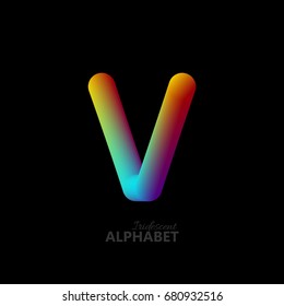 3d iridescent gradient letter V. Typographic minimalistic element. Vibrant gradient shape. Liquid color path. Creativity concept. Visual communication poster design. Vector illustration. Logo template