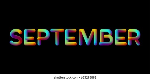 3d iridescent gradient September month sign. Typographic minimalistic element. Vibrant blend gradient label. Liquid color. Creativity concept. Visual communication poster design. Vector illustration.