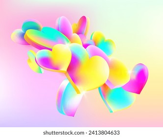 3d iridescent hearts on colorful background. Bright abstract composition