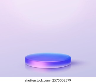 3d iridescent hologram disk, coin, podium, pedestal. Render figure with purple, pink, blue colors. Vector illustration isolated on white for design projects, product display, presentation, adv