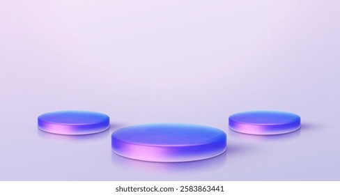 3d iridescent hologram disk, coin, podium, pedestal. Render figure with purple, pink, blue colors. Vector illustration isolated on white for design projects, product display, presentation, adv