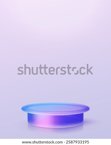 3d iridescent hologram disk, coin, podium, pedestal. Render figure with purple, pink, blue colors. Vector illustration isolated on white for design projects, product display, presentation, adv