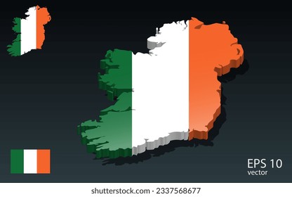 3D Irish map and flag . 3D shape design . Independence day concept . Perspective view . Vector