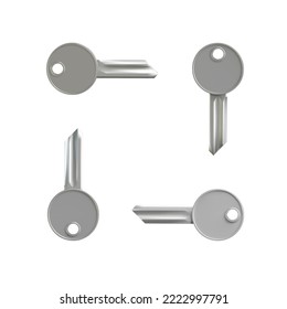 3D-Eisenschlüssel, Vektorgrafik-Set. Realistische Silber-Metallschlüssel als Symbole der Sicherheit, der Sicherheit, des Eigentums an Immobilien und des offenen Zugangs.