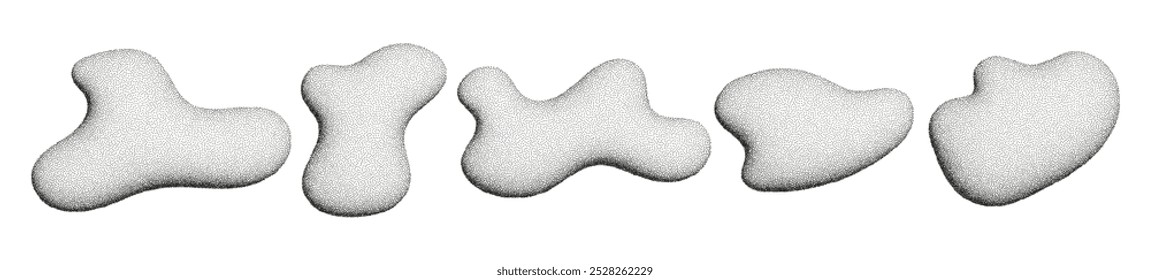 3d irregular shapes, abstract fluid halftone elements, organic liquid forms isolated on white. Vector illustration.