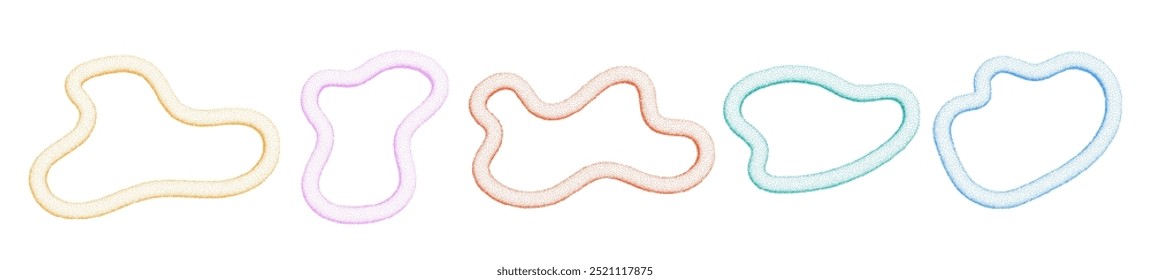 3d irregular shapes, colorful abstract fluid halftone elements, organic liquid forms isolated on white. Vector illustration.