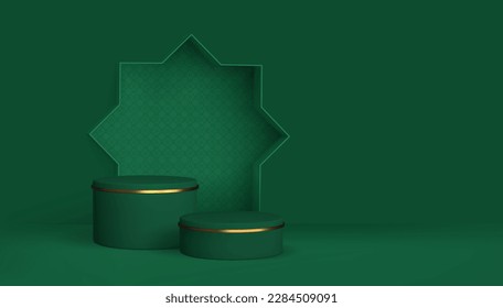 3 d fondo de saludo verde islam. Podos verdes, diseño de monótonas en arco islámico estrella. Banner de vacaciones para ramadan, eid mubarak. Ilustración del vector